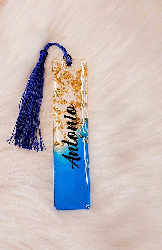 marcapáginas personalizado azul y dorado con nombre o frase