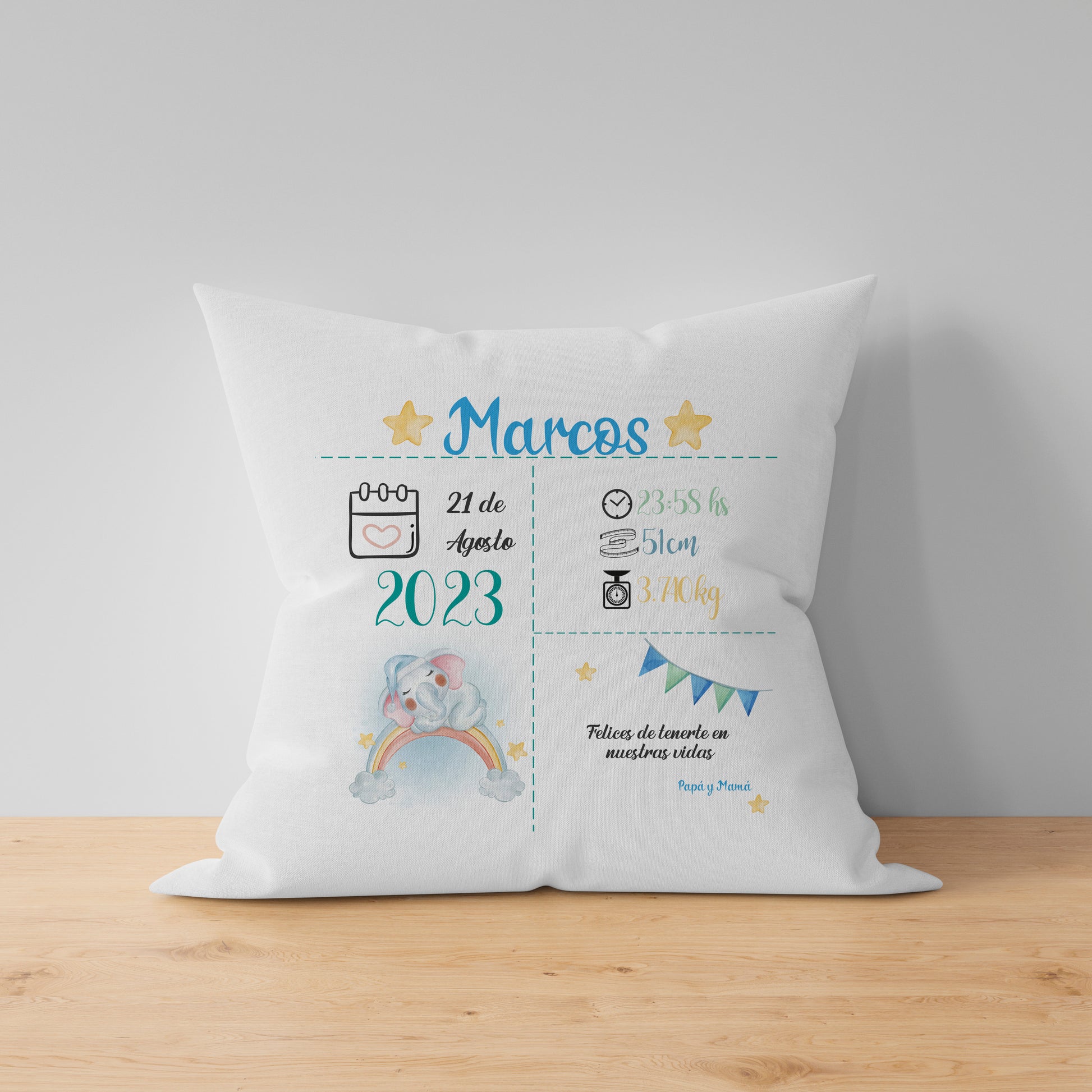 almohada para regalo de nacimiento de bebe con datos y nombre