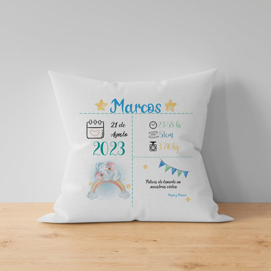 almohada para regalo de nacimiento de bebe con datos y nombre