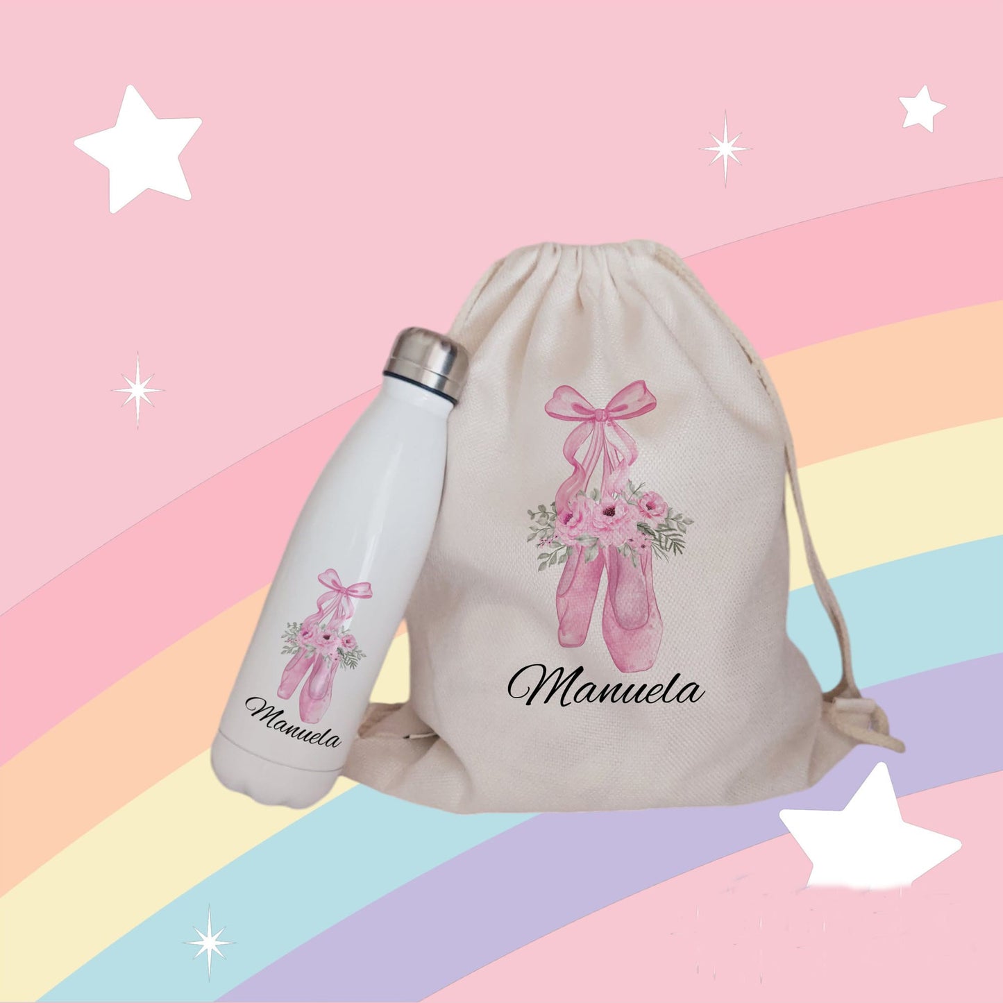 bolsa de ballet para guardar zapatillas de ballet y botella personalizada