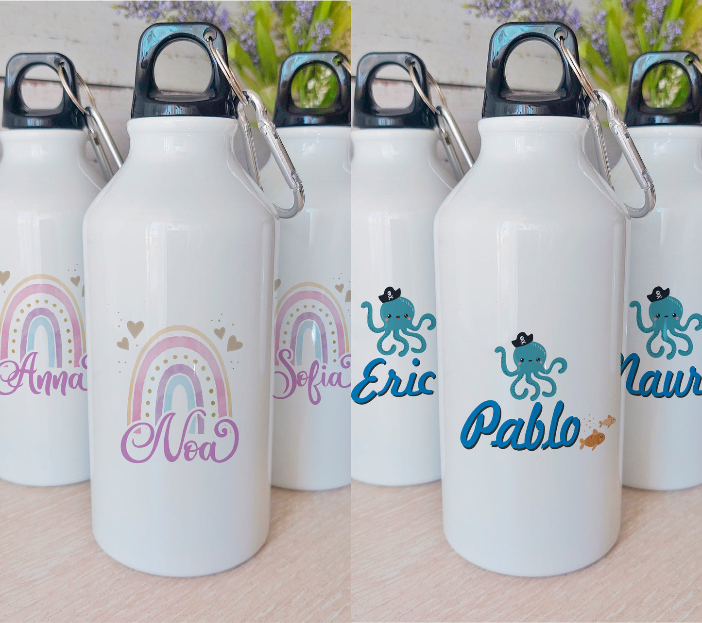 botella personalizada con nombre para niños en diferentes diseños arcoíris o pulpo