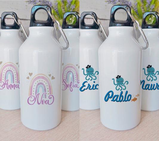 botella personalizada con nombre para niños en diferentes diseños arcoíris o pulpo