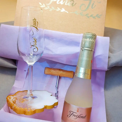 Caja Regalo Copa y Cava personalizadas - Dorada / Blanco/Dorado - Detalle personalizado