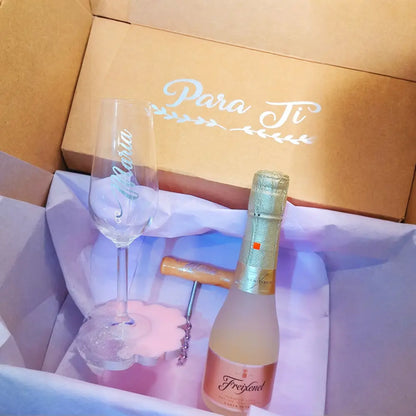 Caja Regalo Copa y Cava personalizadas - Dorada / Lila/Plateado - Detalle personalizado