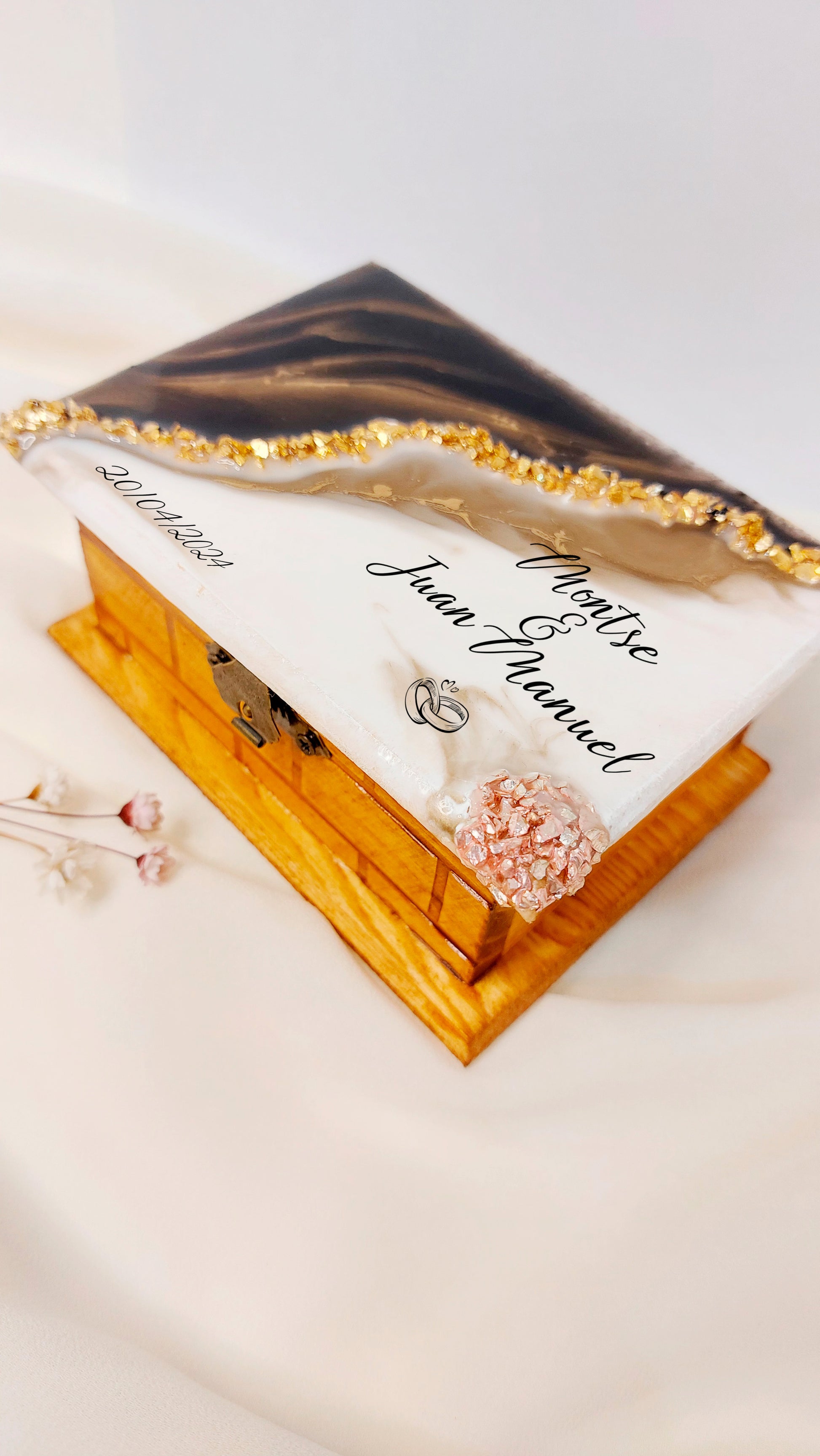 Caja de anillos de boda para ceremonia, cofre portador de anillo de compromiso personalizada, porta alianza de boda de madera y resina