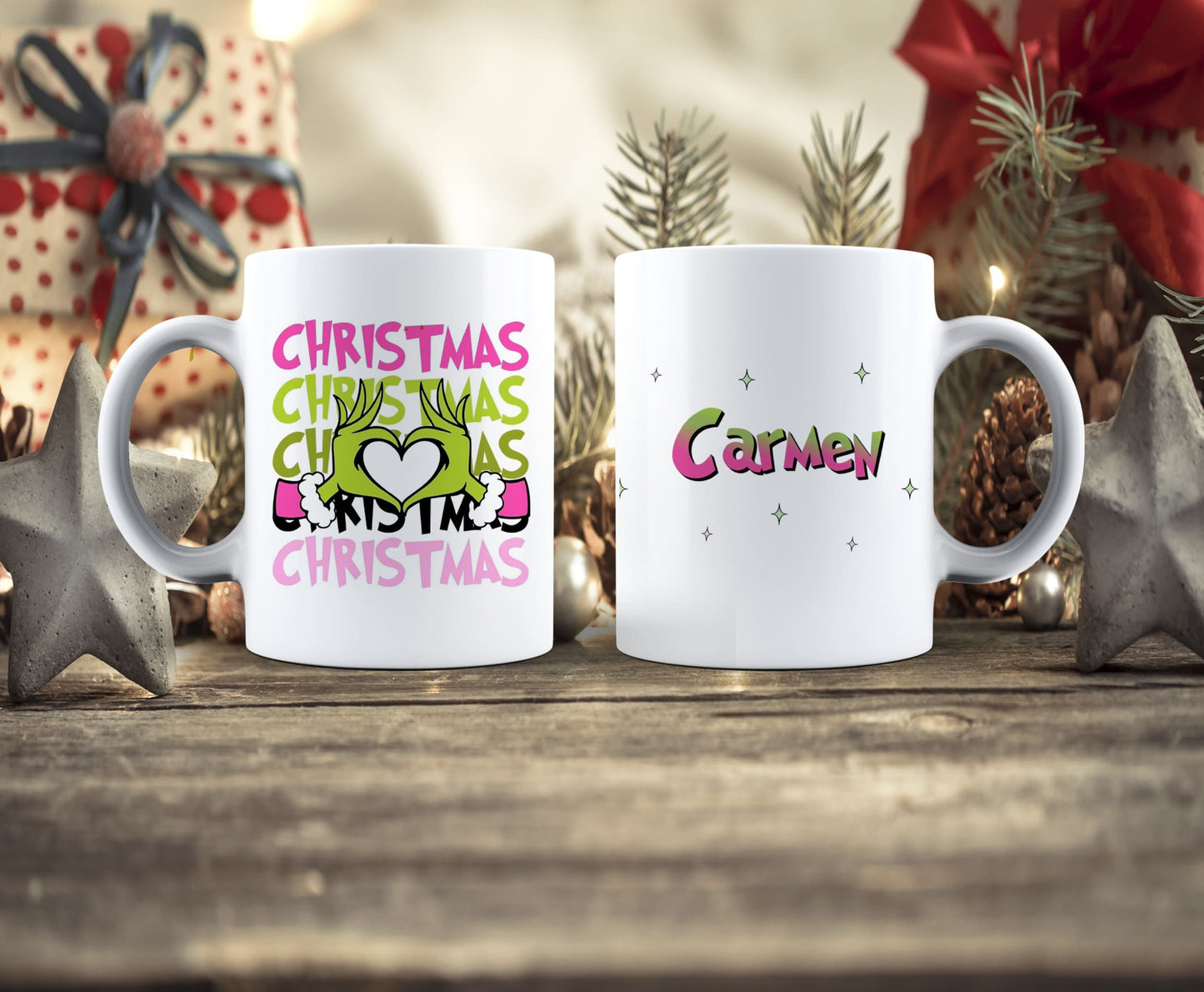 Taza con diseño del Grinch en la que puedes incluir el nombre y la dedicatoria personalizada.

Personalízala a tu gusto y podrás ver cómo queda tu diseño en la imagen que se ve la plantilla completa que envuelve la taza.