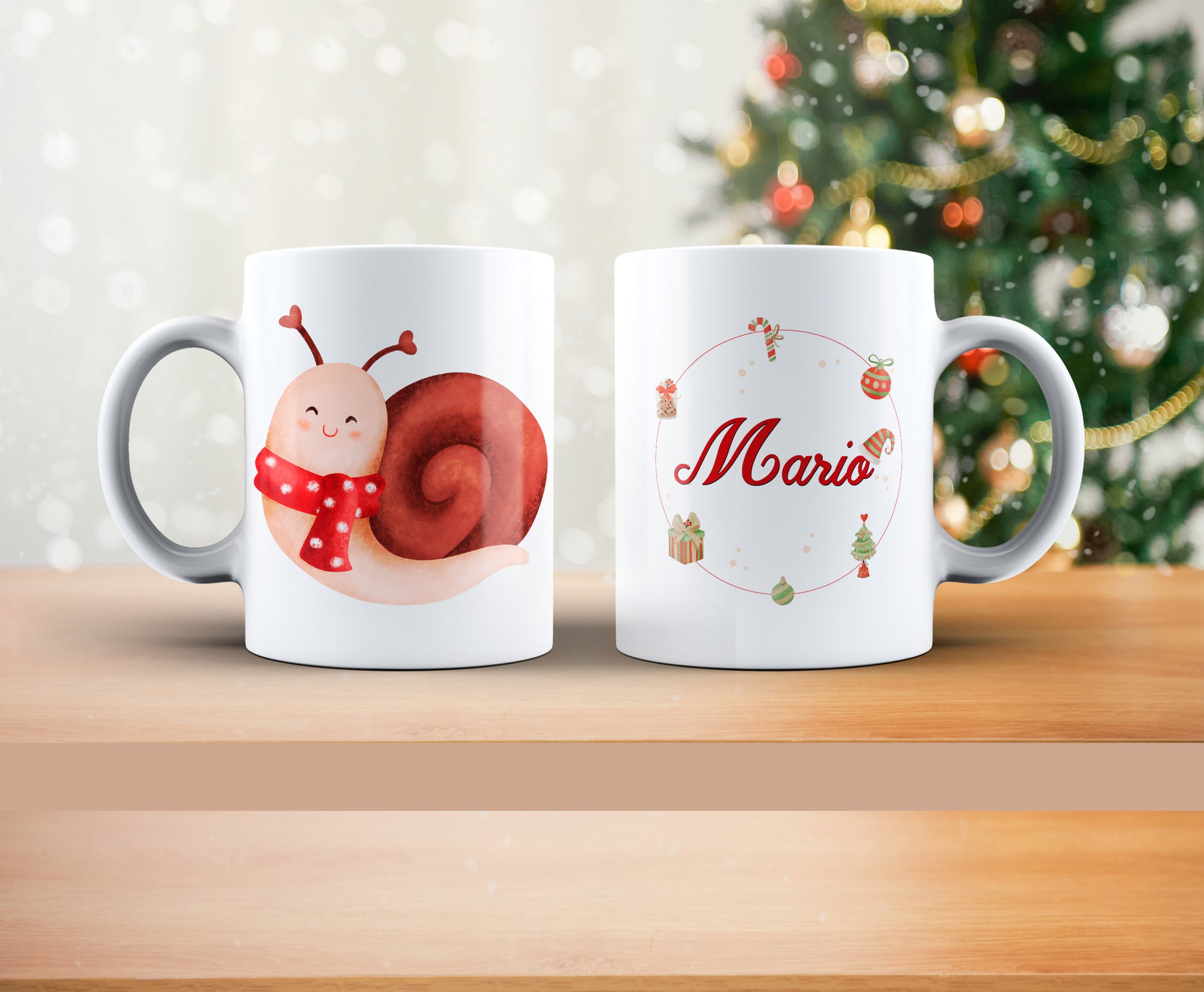 Taza Navideña infantil animales, personalizada con nombre, caracol navideño para niños, taza cerámica estampada personalizada