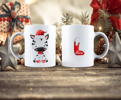 Taza Navideña infantil animales, personalizada con nombre, cebra navideño para niños, taza cerámica estampada personalizada