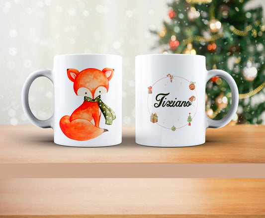 Taza Navideña infantil animales, personalizada con nombre, zorro navideño para niños, taza cerámica estampada personalizada