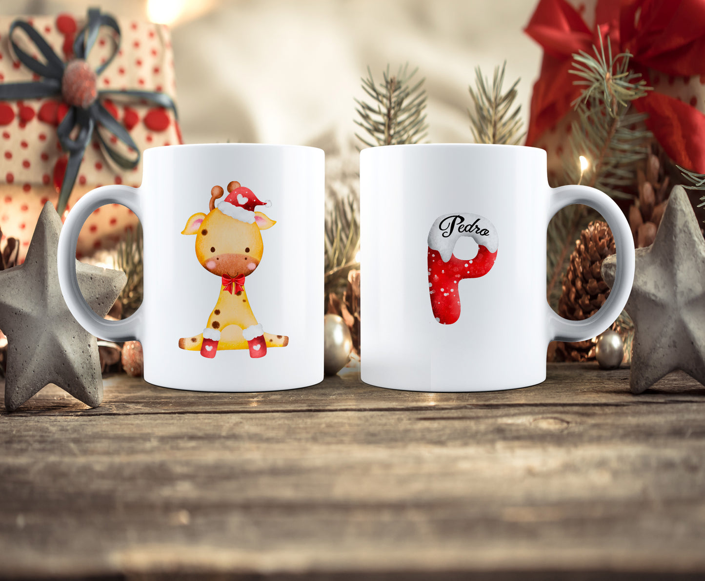 Taza Navideña infantil animales, personalizada con nombre, jirafa navideño para niños, taza cerámica estampada personalizada