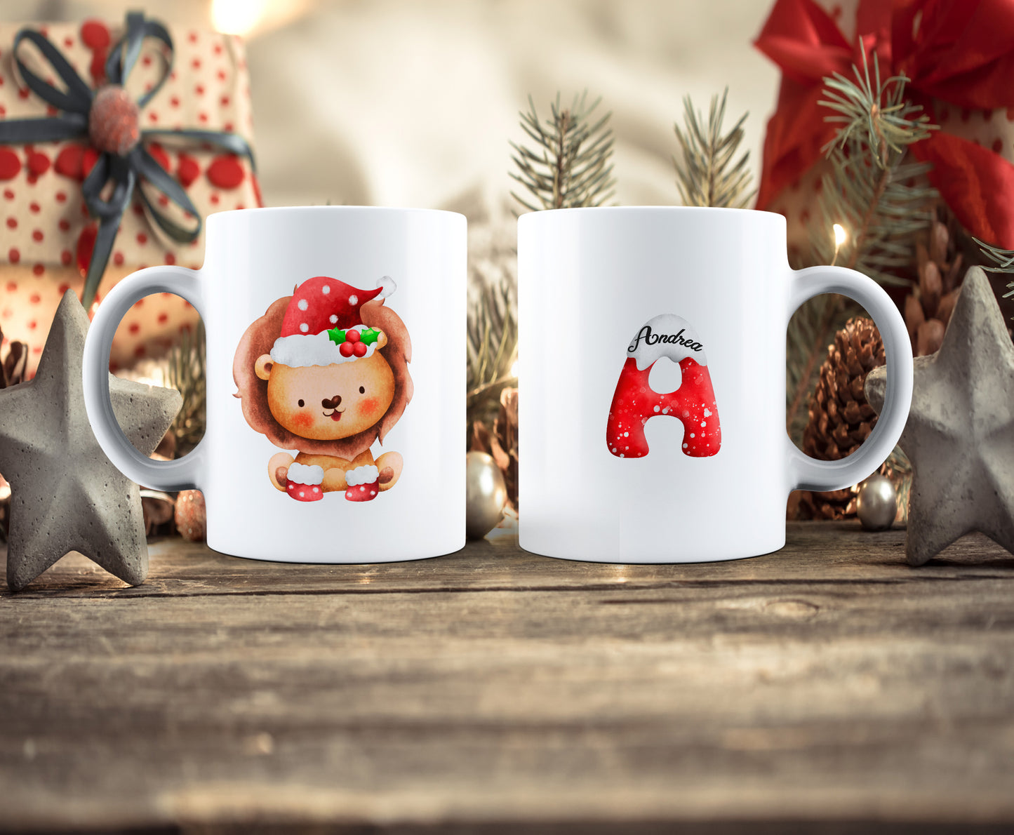 Taza Navideña infantil animales, personalizada con nombre, león navideño para niños, taza cerámica estampada personalizada