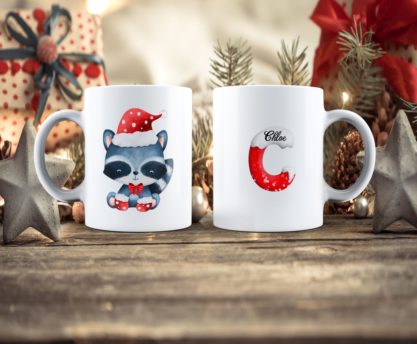 Taza Navideña infantil animales, personalizada con nombre, mapache navideño para niños, taza cerámica estampada personalizada