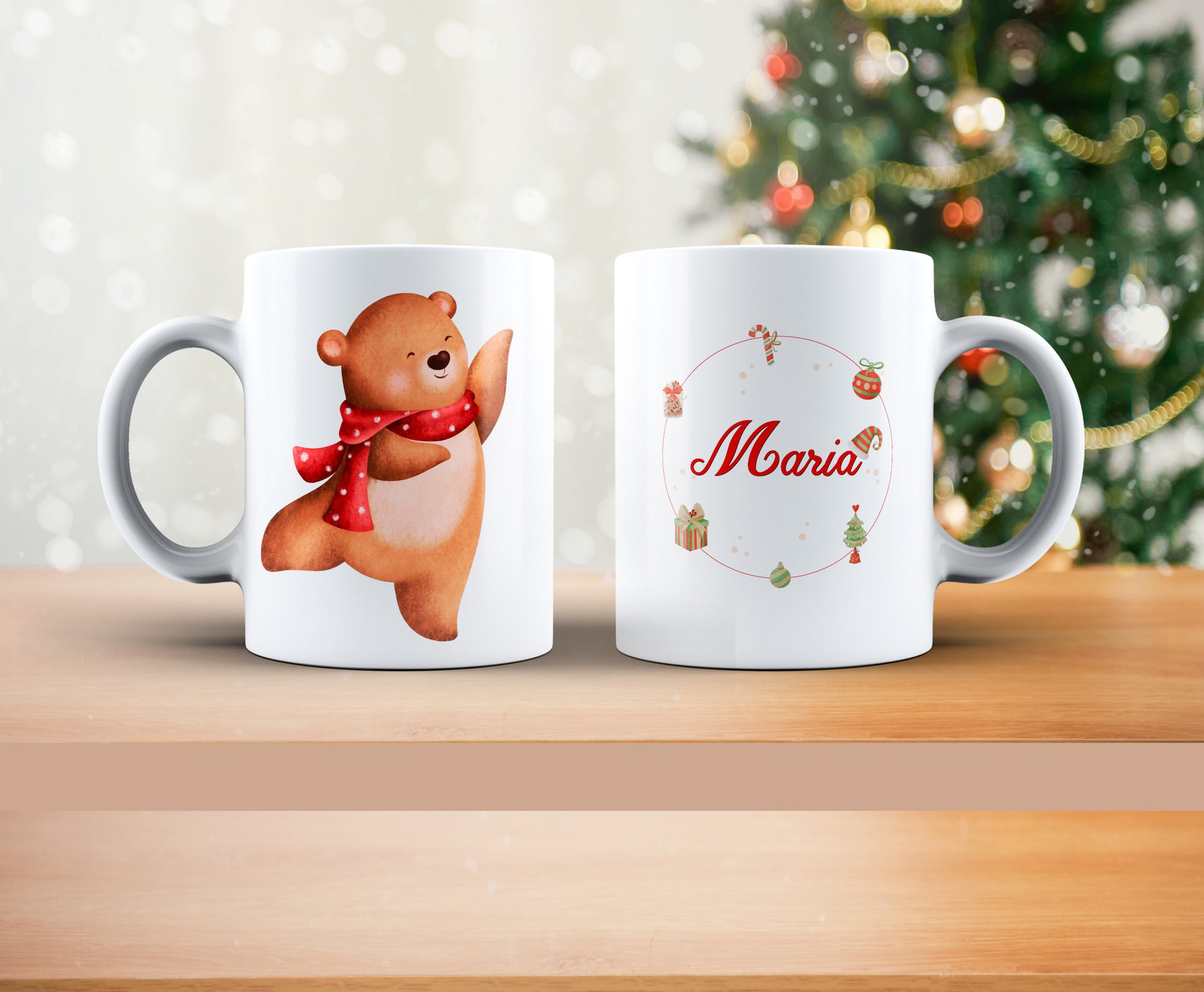 Taza Navideña infantil animales, personalizada con nombre, oso navideño para niños, taza cerámica estampada personalizada