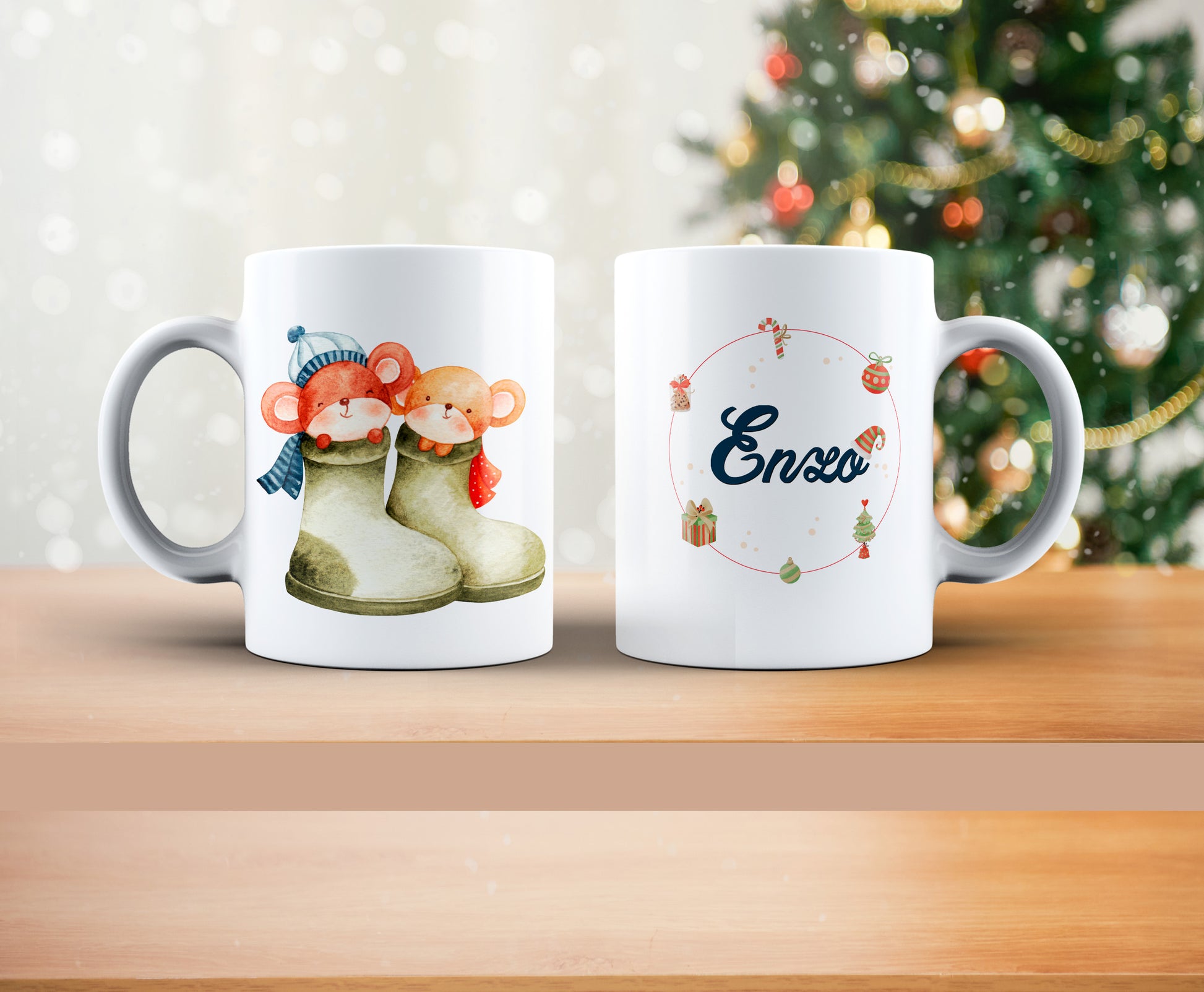 Taza Navideña infantil animales, personalizada con nombre, ratones navideño para niños, taza cerámica estampada personalizada