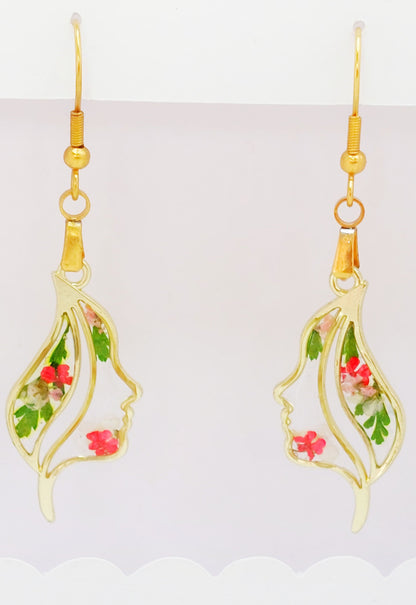 Pendientes de cara abstracta, pendientes de resina con flores reales, pendientes de flores prensadas, joyería bohemia con flores secas, regalo de cumpleaños, graduación y boda