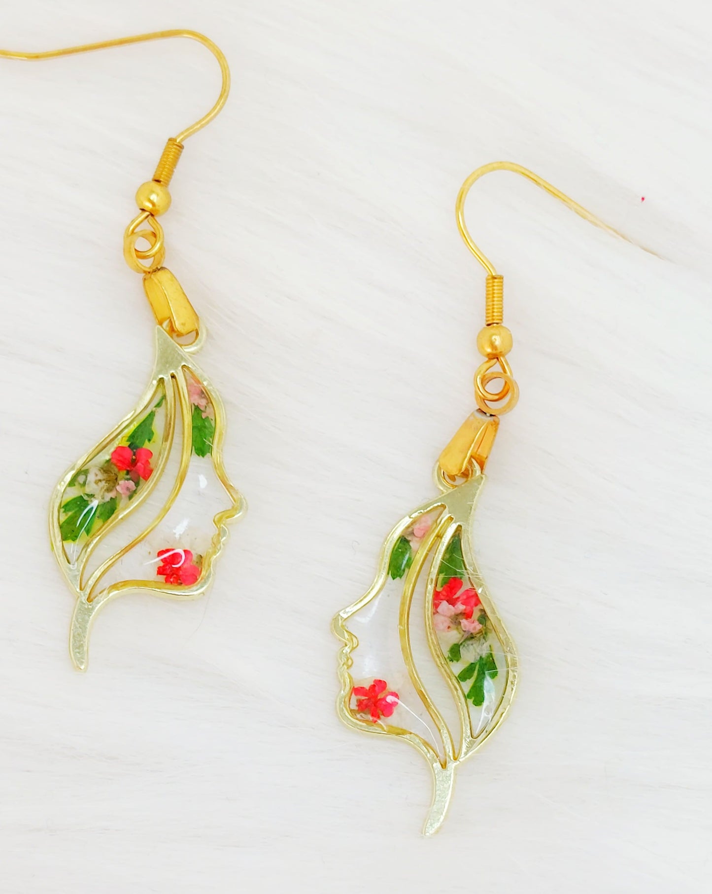 Pendientes de cara abstracta, pendientes de resina con flores reales, pendientes de flores prensadas, joyería bohemia con flores secas, regalo de cumpleaños, graduación y boda