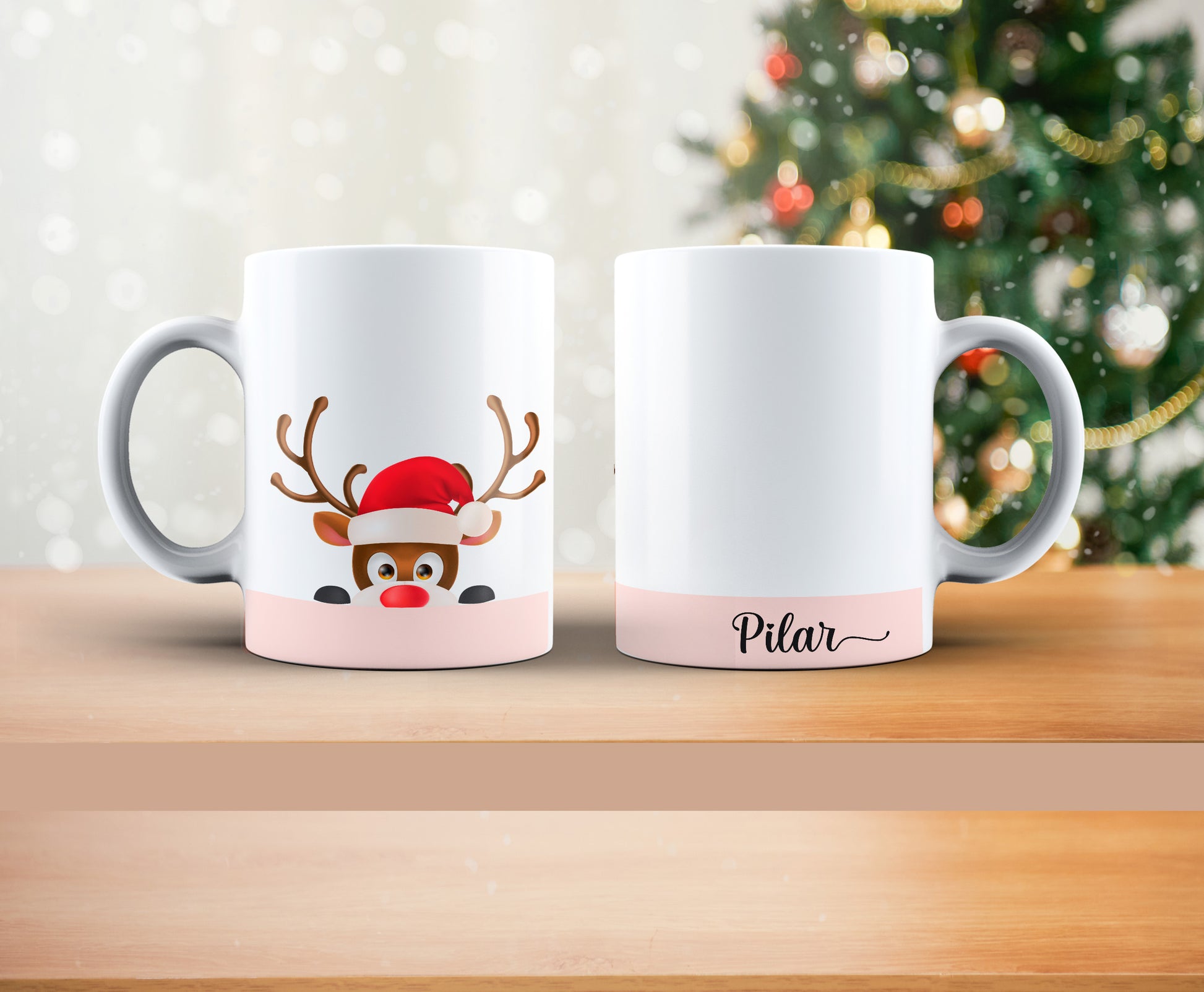 Taza Navideña personalizada tierno reno asomándose,  con nombre para regalo navidad y amigo invisible 