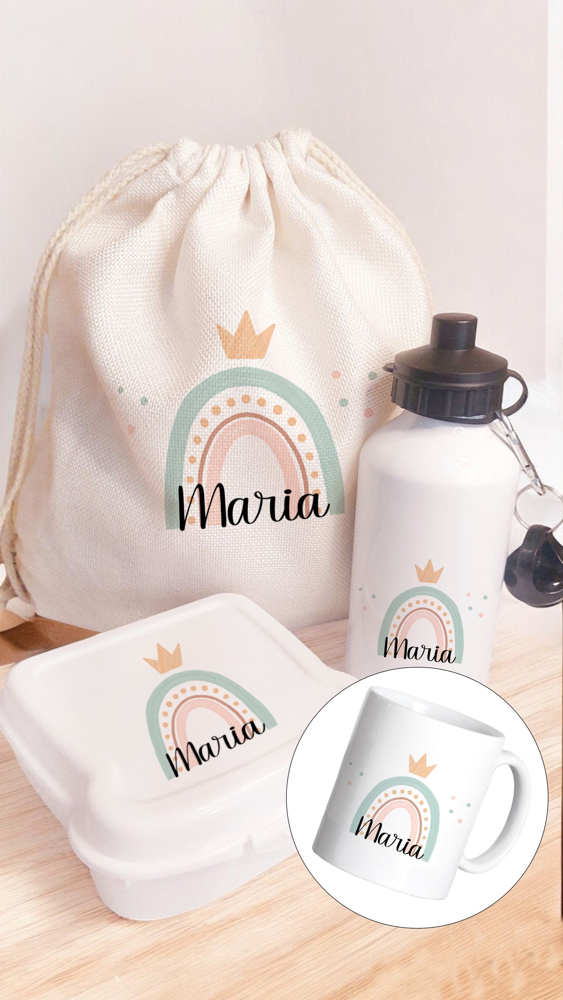 set personalizado para niña mochila, botella, taza y lonchera