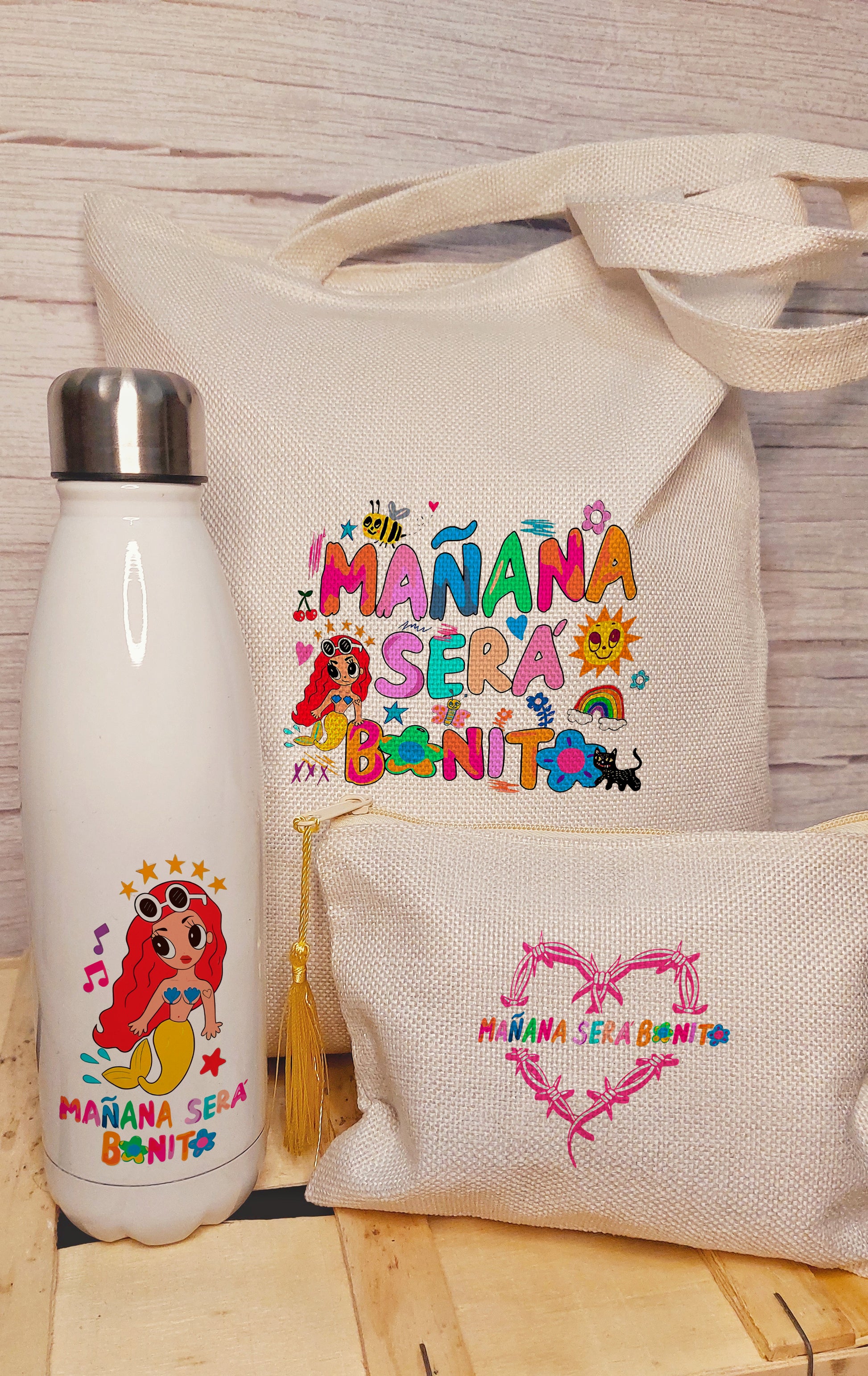 Karol G Pack Tote bag, Neceser y Botella, Set regalo personalizado de la Bichota, Bolso estampado mañana será bonito