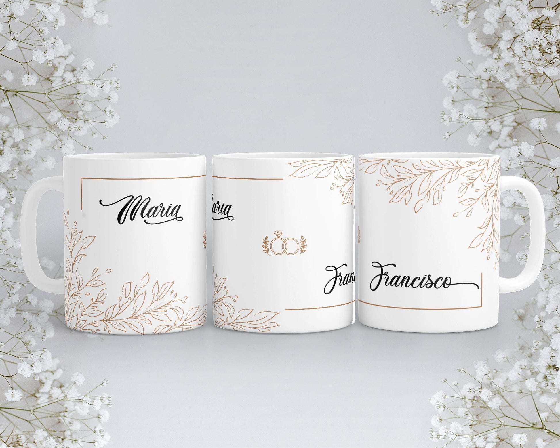 taza para regalo de boda con nombre y alianzas