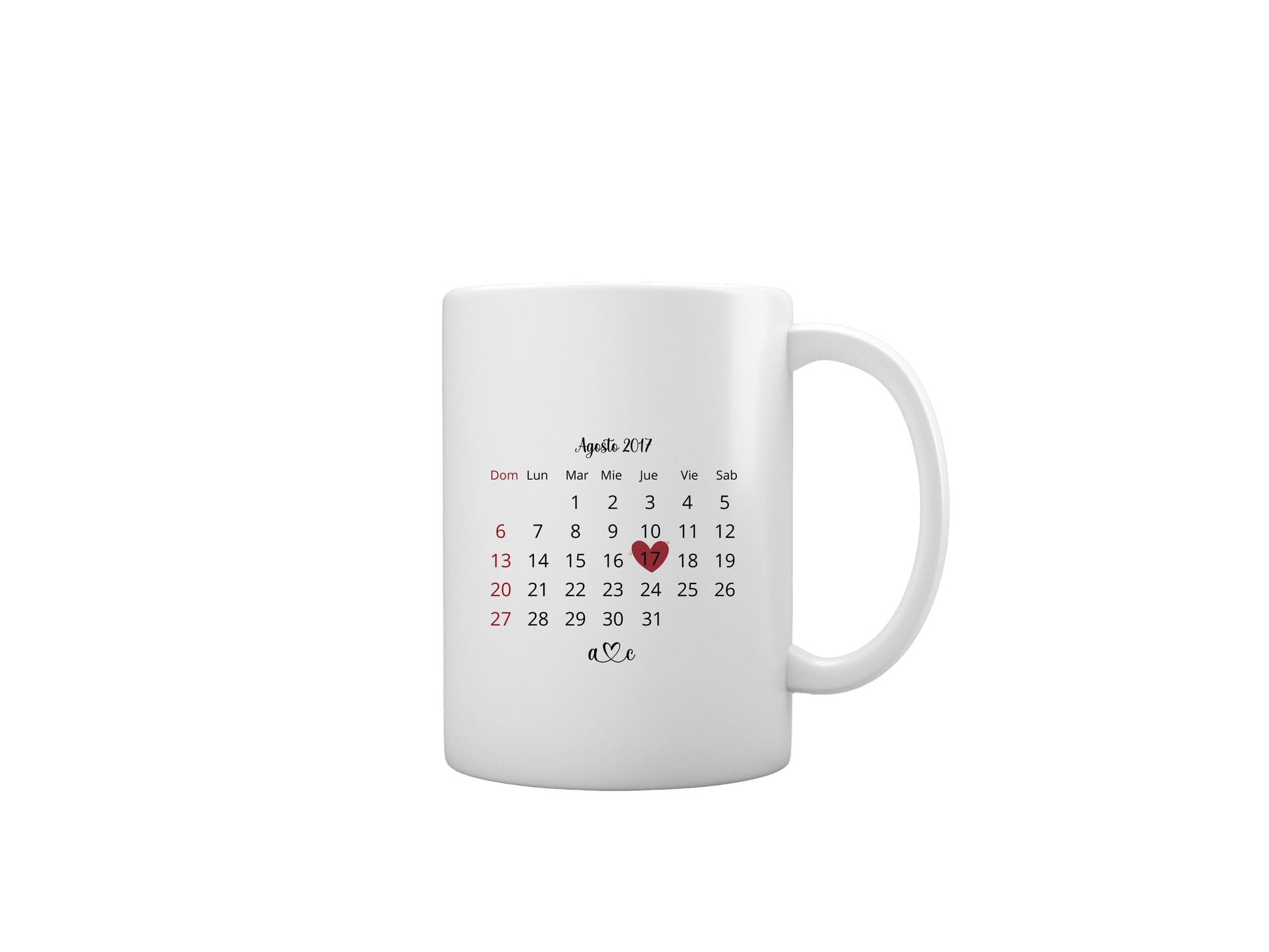 taza corazón con foto y calendario aniversario