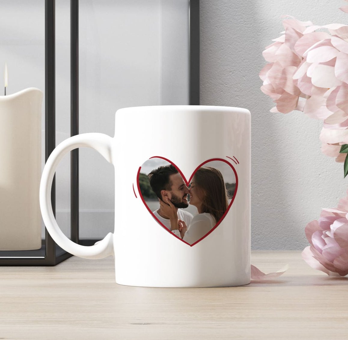 taza corazón con foto y calendario aniversario