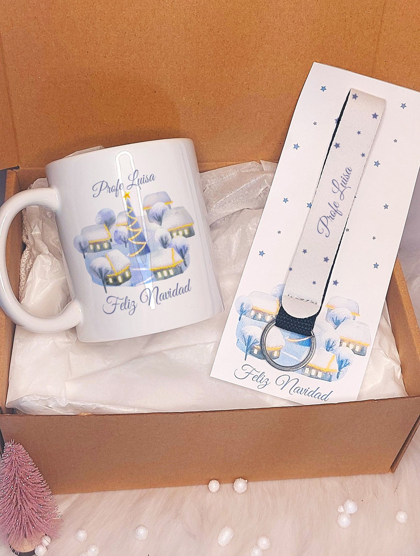 set regalo navideño para profes con taza y llavero personalizada